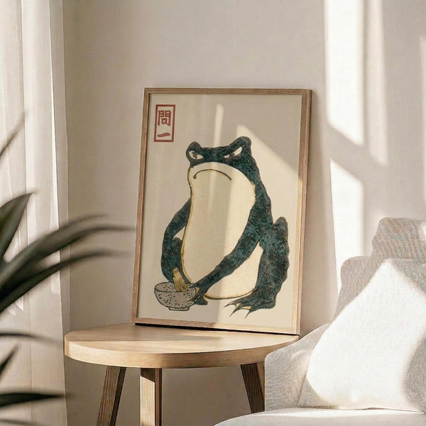 May include: Framed vintage Japanese woodblock print featuring a green frog holding a small bowl, displayed on a round wooden side table next to a beige upholstered chair. Sunlight streams across the neutral-toned room, casting shadows on the white wall. The artwork shows a contemplative frog in traditional ukiyo-e style with Japanese characters in the upper left corner, set in a thin wooden frame.