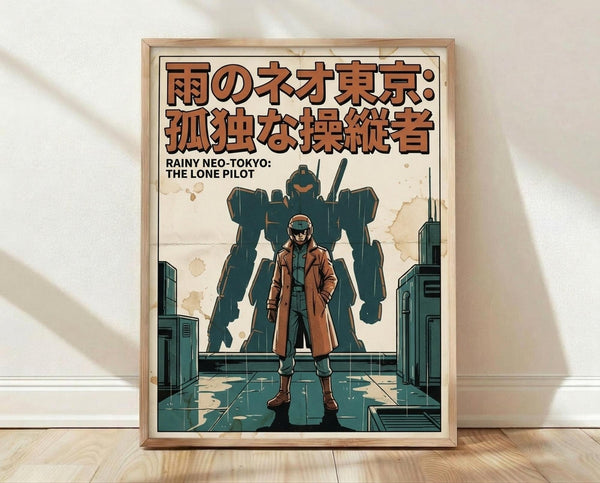 May include: A framed poster print displayed on light wooden floors against a white wall with soft natural lighting. The artwork features a lone figure in a brown coat standing before a large mecha robot in a futuristic urban setting, rendered in muted greens and earth tones with Japanese text at the top. The wooden frame has a natural finish and the poster has a vintage-inspired aesthetic with weathered textures.