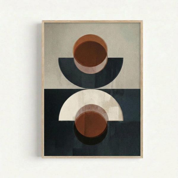 Modern abstract geometric artwork in a light wood frame featuring layered semicircular and circular shapes in terracotta brown, cream, and navy blue tones. The composition shows balanced forms with subtle shadows and textures against contrasting light and dark backgrounds, creating a minimalist contemporary aesthetic.