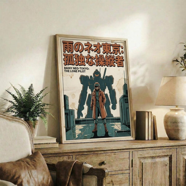 May include: Framed anime-style poster leaning against white wall on rustic wooden sideboard, showing figure in brown coat standing before large green mech robot in futuristic cityscape. Japanese text at top in orange and black. Room has beige armchair, fern plant, ceramic vase, and stacked books creating cozy living space setting.