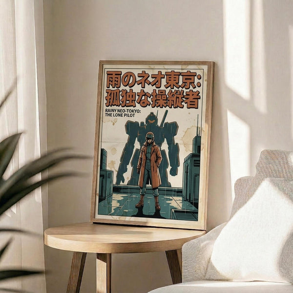 May include: Framed poster displaying anime-style artwork of a lone pilot in brown coat standing before a large blue mecha robot in a futuristic cityscape. Japanese text at top with English subtitle "The Lone Pilot." Wooden frame sits on round light wood side table next to beige upholstered chair. Soft natural lighting creates shadows on white wall, with plant leaves visible in corner.