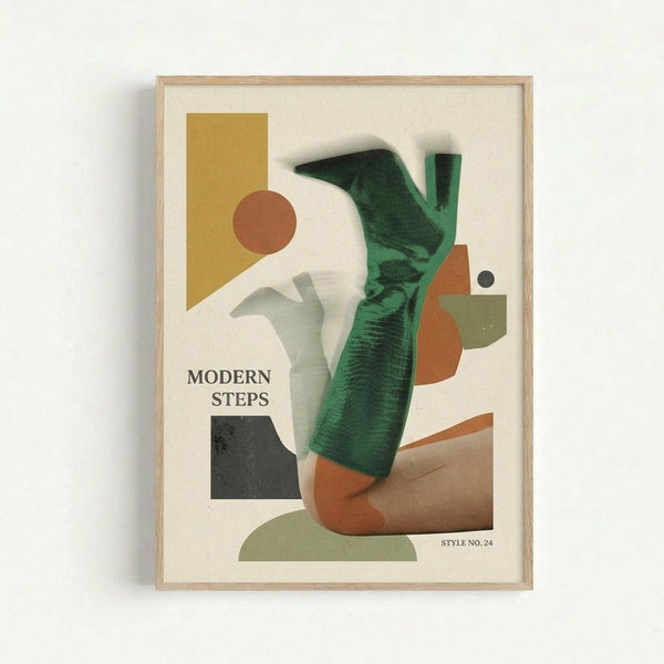 Framed abstract art print featuring overlapping geometric shapes and photographic elements in earth tones. A green knit sweater sleeve, brown circle, mustard yellow rectangle, and olive green forms create a layered collage composition against cream background. The wooden frame casts a soft shadow on the white wall.