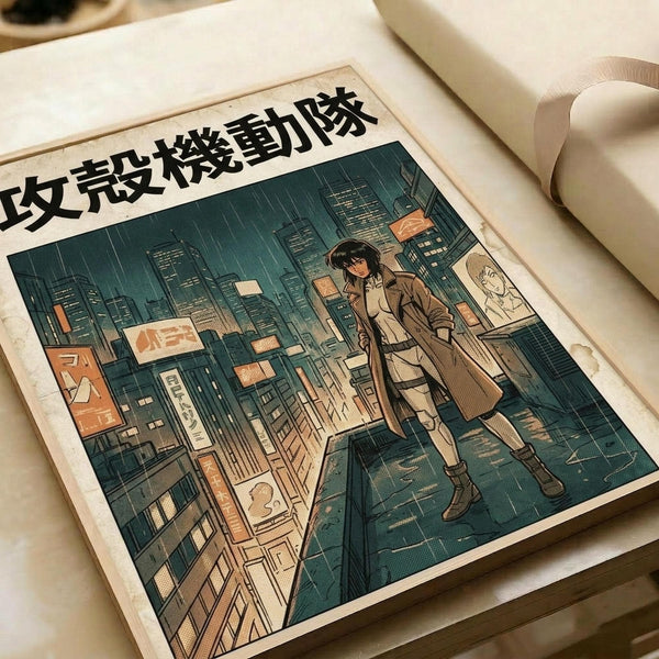 May include: Vintage-style poster print displayed on white bedding showing anime character in tan coat standing on futuristic city rooftop at night. Dark teal and orange color palette with Japanese text header. Rain falls over neon-lit skyscrapers. Poster appears aged with cream borders, lying flat against white fabric background.
