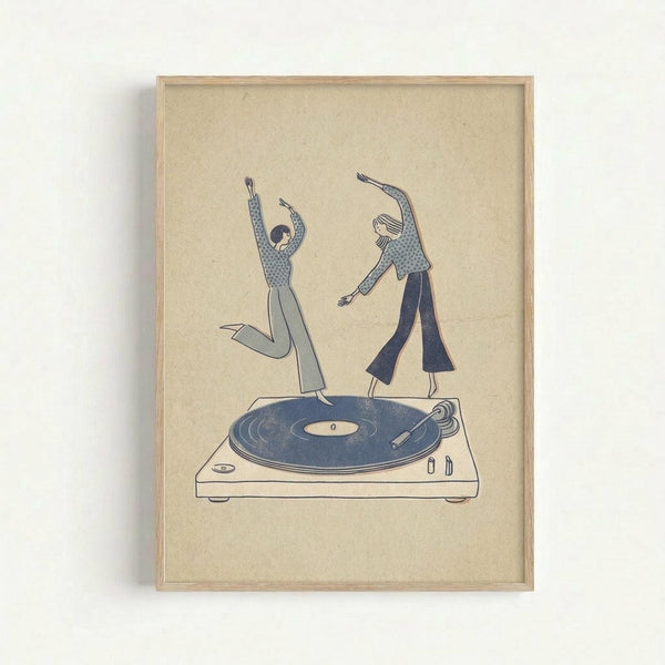 May include: Framed poster print hanging on white wall showing minimalist line art illustration of two people dancing on top of a turntable record player, drawn in blue tones on cream colored background with light wood frame