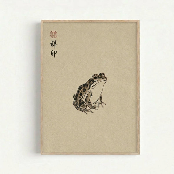Framed vintage-style Japanese artwork featuring a detailed brown and cream spotted frog sitting upright, painted in traditional ink wash technique on beige textured paper. Black Japanese characters and a red circular seal appear in the upper left corner. The piece is displayed in a simple light wood frame against a white wall.