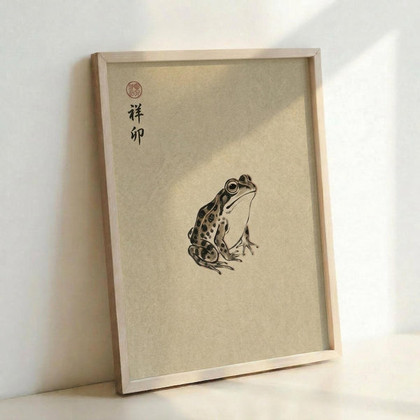 May include: Framed vintage-style Japanese ink artwork featuring a spotted frog with detailed shading, positioned on beige textured paper with black Japanese characters and red circular seal in upper left corner, displayed in light wood frame leaning against white wall
