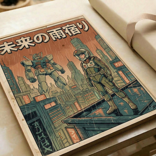 Retro-style anime poster featuring a space pilot in green armor standing on a futuristic city rooftop with a large mecha robot in the background. The artwork uses muted green and orange tones with Japanese text at the top. The print is displayed flat on white paper with a rolled tube beside it, showing the poster's actual size and paper texture.