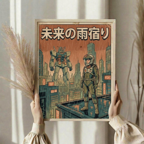 May include: Hands holding a framed poster featuring a mecha robot and astronaut figure standing on futuristic city rooftops under an orange sky with rain, Japanese text at top, anime-inspired art style in muted green and orange tones, light wooden frame, dried wheat stems visible on left side, neutral background setting