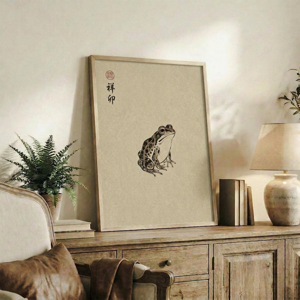 May include: Framed vintage-style artwork featuring a spotted frog illustration with Japanese characters and red seal, displayed on rustic wooden sideboard alongside fern plant, ceramic vase, and stacked books in neutral-toned living room setting with beige chair visible