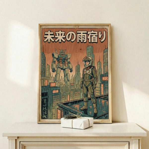 May include: Framed vintage-style anime poster featuring a mech pilot in space suit standing on futuristic city rooftop with giant robot in background, displayed on light wood console table next to small white wrapped gift with greenery sprig. Artwork shows orange-tinted sky with rain, detailed cyberpunk cityscape, and Japanese text at top, all in weathered retro illustration style with muted green and orange tones.