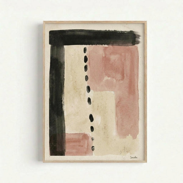 Framed abstract watercolor artwork with muted color palette featuring sage green brushstrokes forming an L-shape at top and left edges, dusty pink washes in rectangular blocks, and a vertical line of small black oval dots down the center. The piece has soft, organic edges with visible paper texture and watercolor bleeding effects. Artist signature visible in bottom right corner. Light wood frame against white wall.