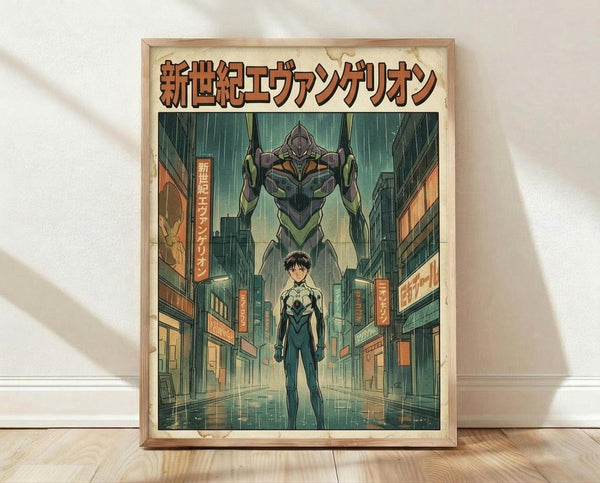 May include: Framed poster print displayed on light wooden floor against white wall. Features anime character in dark bodysuit standing on rainy city street with large mecha robot looming behind. Art style shows Japanese urban scene with neon signs, buildings, and green-tinted atmospheric lighting. Natural wood frame surrounds vintage-style poster with Japanese text at top.