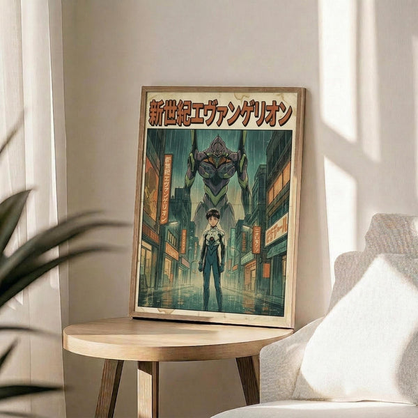 May include: Framed poster featuring anime characters in an urban nighttime scene with neon lighting and Japanese text at top, displayed on a light wood round side table next to a beige upholstered chair with white throw pillow, natural lighting casting shadows on cream wall with plant leaves visible in corner.