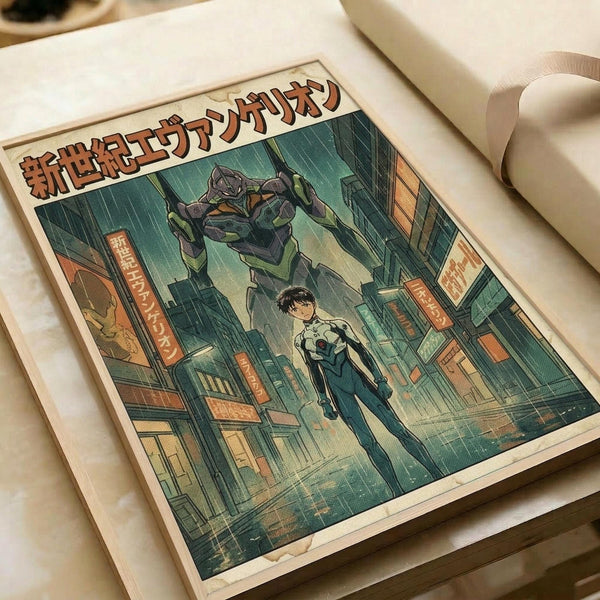 Vintage-style anime poster featuring a young pilot character in white plugsuit standing in a rainy urban street scene with a large green and purple mecha looming behind him. The artwork has aged paper texture with Japanese text at the top in red letters. The poster is displayed on white fabric with soft lighting creating gentle shadows.