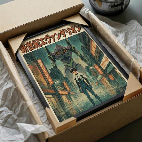 May include: Framed anime poster in wooden box with protective packing material. Artwork shows young person in white suit standing in rainy urban street scene with large mechanical figure looming overhead. Japanese text at top in red lettering. Vintage-style illustration with muted green, orange and brown tones. Black frame nestled in cardboard shipping box with white tissue paper padding.