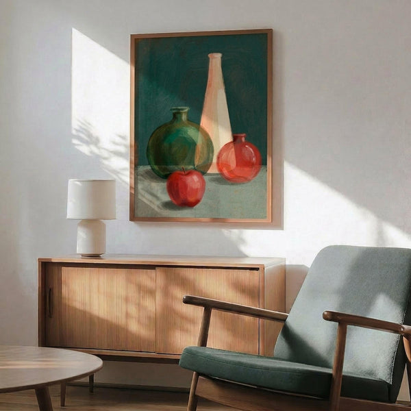 May include: Still life painting in wooden frame showing green and white ceramic vases with red apple and small red vessel on light surface against teal background, displayed above mid-century modern wooden credenza with white table lamp, next to sage green upholstered armchair with wooden arms in sunlit room with white walls