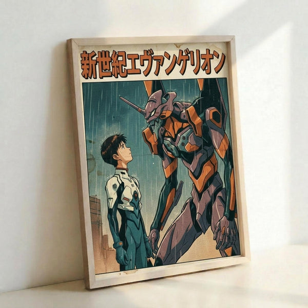 Framed poster featuring a young person in a white and blue pilot suit standing next to a large orange and purple humanoid mecha robot in the rain. Japanese text appears at the top in orange letters. The artwork has a vintage anime aesthetic with muted colors and halftone printing effects. The wooden frame leans against a white wall, casting a soft shadow.