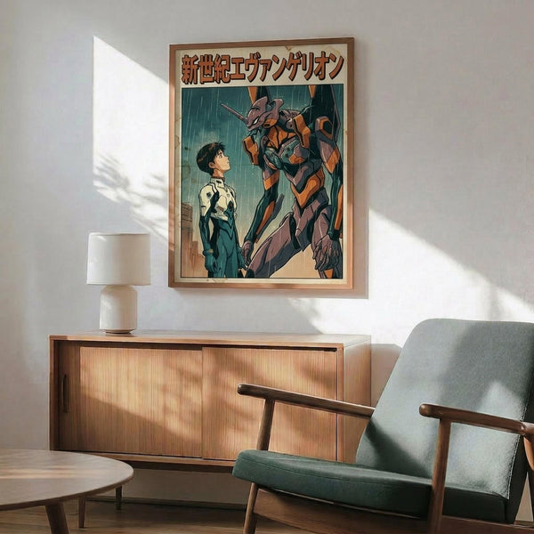 May include: Framed anime poster featuring a young man in white pilot suit standing beside a large orange and purple mecha robot against a teal background with Japanese text at top. Displayed above a mid-century modern wooden credenza with table lamp, next to a gray upholstered armchair with wooden frame. Warm sunlight streams across white wall creating geometric shadows.