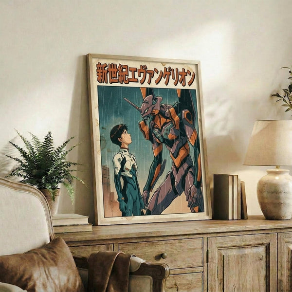 May include: Framed anime poster featuring orange and purple mecha robot standing beside young person in white and teal outfit, with Japanese text header, displayed on rustic wooden sideboard next to fern plant, books, and ceramic vase in cozy living room setting with beige armchair visible.