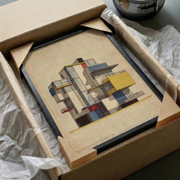 May include: Abstract geometric artwork in earth tones featuring overlapping rectangular shapes in yellow, blue, red, and brown, displayed in a black frame. The framed print sits in an open cardboard box surrounded by white tissue paper, with wooden frame corners visible nearby and part of a dark glass object in the background.