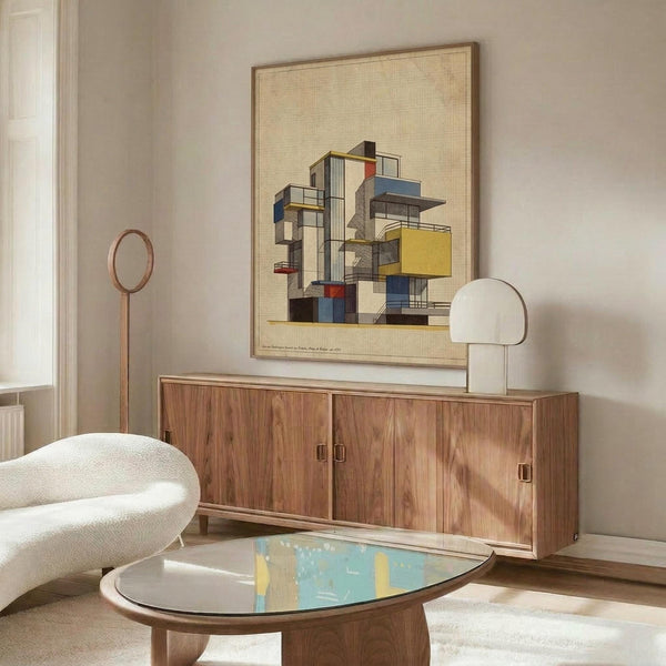 May include: Abstract architectural artwork with colorful geometric building forms in yellow, blue, red and gray tones, displayed in light wood frame above walnut sideboard. Modern living room setting with cream upholstered chair, oval glass coffee table, and white table lamp. Neutral walls with natural lighting from window.
