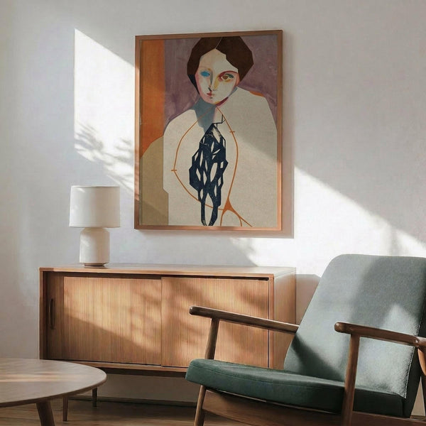 May include: Framed modernist portrait artwork hanging above wood credenza in mid-century modern room setting. Abstract portrait features figure with dark hair and geometric clothing in muted tones of beige, orange, and navy. Natural wood frame complements teal upholstered chair and ceramic table lamp. Warm sunlight creates diagonal shadows across white wall.