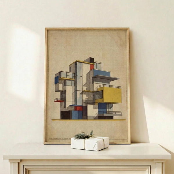 May include: Framed architectural drawing featuring abstract, geometric building structures in blue, yellow, red, and white blocks stacked at various angles. The artwork has a vintage grid background and sits on a light wood surface next to a white wrapped gift with evergreen sprig. Minimalist wall setting with natural lighting.