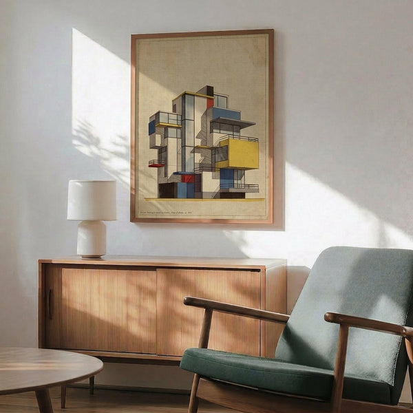 May include: Framed architectural print featuring geometric modernist building design with colorful rectangular blocks in yellow, blue, red and gray tones, displayed above mid-century wooden sideboard with white ceramic table lamp. Sage green upholstered armchair with wooden frame sits nearby on hardwood floor. Natural sunlight creates dramatic shadows across white wall, highlighting the vintage poster's grid-textured background and clean lines of the furniture arrangement.