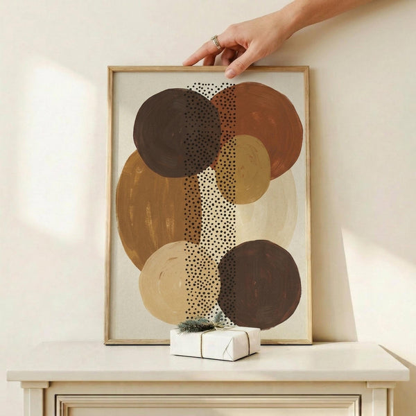May include: Abstract art print in wooden frame on light wood console table with small wrapped gift. Artwork features overlapping circles in earthy tones of brown, rust, cream, and golden yellow with central dotted pattern running vertically through composition. Hand reaches to touch top of frame. Minimalist styling against neutral wall with soft natural lighting.