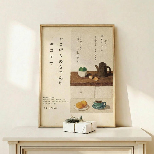 May include: Framed Japanese poster with cream background featuring kitchen still life illustrations - teapot, plants, pastries and teacup in warm earth tones. Black Japanese calligraphy text on left side. Natural wood frame displayed on light wooden surface next to small white wrapped gift with evergreen sprig. Soft lighting creates gentle shadows on neutral wall background.