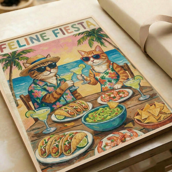May include: Vintage-style poster print displayed on white paper showing two orange tabby cats in sunglasses and Hawaiian shirts sitting at a wooden table on a tropical beach. The cats hold margaritas while surrounded by Mexican food including tacos, guacamole, chips, and shrimp. Palm trees and blue ocean create the background under a pink sunset sky. The poster has a weathered, retro aesthetic with "FELINE FIESTA" text at the top in colorful letters.