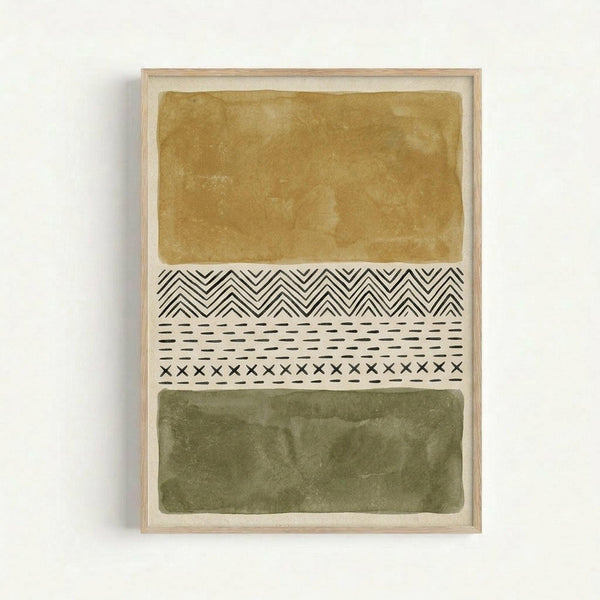 Abstract minimalist artwork in natural wood frame featuring horizontal bands of ochre yellow and olive green watercolor washes separated by geometric black and white tribal patterns including chevrons, dots, dashes, and crosses on cream background, mounted on white wall