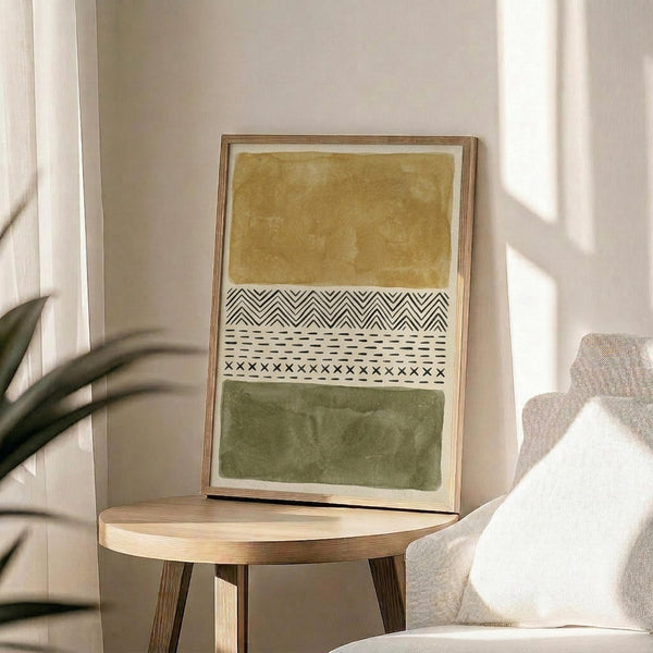 May include: Modern abstract art print in wooden frame displaying mustard yellow and olive green watercolor blocks separated by black and white geometric tribal patterns including zigzags, dashes, and crosses. Frame sits on round wooden side table next to beige upholstered chair with white pillow and plant leaves visible in bright, minimalist living room setting.