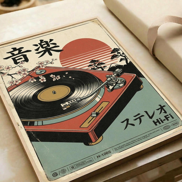 May include: Vintage-style poster print featuring a retro turntable in red and mint green colors with Japanese text, cherry blossom branches, and a stylized sun. The artwork has a weathered, aged appearance and is shown unframed on white paper next to a rolled paper tube on a light wooden surface.