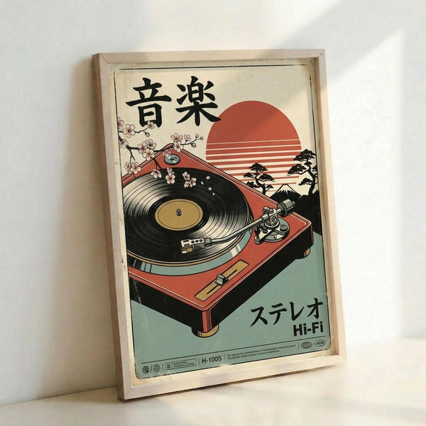 May include: Framed vintage-style Japanese poster featuring red turntable with vinyl record, cherry blossoms, stylized sunset with horizontal stripes, silhouetted bonsai trees and Mount Fuji. Japanese characters at top, "Hi-Fi" text at bottom. Cream-colored background with retro aesthetic in natural wood frame, leaning against white wall corner.