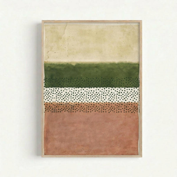 Abstract geometric artwork with horizontal color bands in a light wood frame against white wall. Top section features weathered cream and yellow tones, middle has forest green watercolor wash, center shows white and coral bands with black polka dot pattern overlay, bottom displays solid terracotta orange. Mixed media style combines organic watercolor textures with geometric dot patterns.