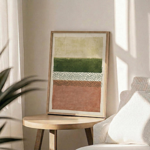 May include: Abstract geometric art print in wooden frame on round wooden side table next to beige upholstered chair. Artwork features horizontal bands of cream, green watercolor wash, white and terracotta sections with black polka dot patterns. Natural lighting creates soft shadows on neutral wall. Plant leaves visible in corner.