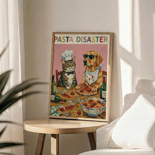May include: Framed poster propped on round wooden side table next to beige upholstered chair. Artwork shows tabby cat wearing white chef's hat and golden retriever in sunglasses and bandana sitting at table covered with spilled spaghetti, wine bottles, and messy pasta dishes. Colorful title reads "PASTA DISASTER" above pink background. Natural lighting creates soft shadows in neutral-toned room setting.