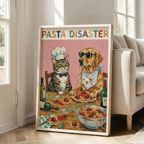 May include: Framed poster displayed in bright living room with beige couch and white walls. Artwork shows tabby cat wearing chef's hat and golden retriever in sunglasses sitting at messy dinner table covered in spaghetti, wine bottles, and scattered dishes. Colorful lettering reads "PASTA DISASTER" against pink background in vintage illustration style.