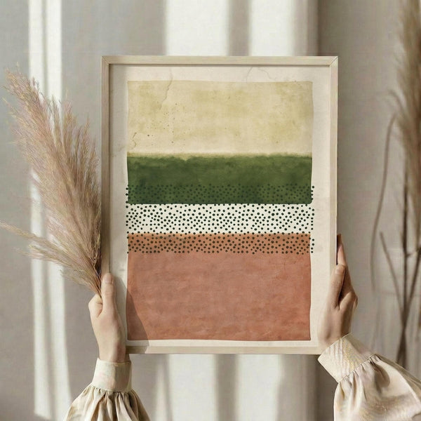 May include: Person holding framed abstract art print featuring horizontal color blocks in cream, sage green, terracotta, and white with black polka dot patterns. Natural wood frame, styled with dried pampas grass against soft curtained window background in neutral tones.