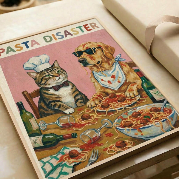 May include: Vintage-style poster print on white paper showing a tabby cat wearing a chef's hat and bow tie sitting at a wooden table with a golden retriever wearing sunglasses and bandana. Both pets are surrounded by messy spaghetti and meatballs, wine bottles, and pasta dishes scattered across the table. The illustration has a pink background with colorful "PASTA DISASTER" text at the top in a retro design style.