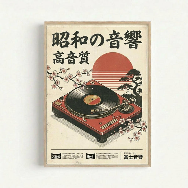 Japanese-style vintage poster featuring a red turntable with black vinyl record against cream background. Design includes pink cherry blossom branches, traditional bonsai tree, and red sun with horizontal stripes. Black Japanese text at top, small logos at bottom. Artwork displayed in light wooden frame on white wall, combining retro audio equipment with classic Japanese aesthetic elements.