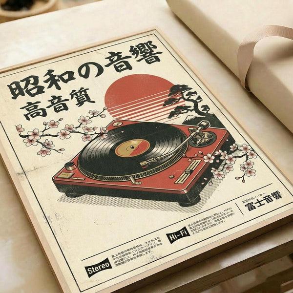 Japanese-style poster featuring a red turntable with vinyl record against cream background, decorated with pink cherry blossom branches, stylized sun, and bonsai tree. Black Japanese text at top, stereo and hi-fi labels at bottom. Vintage aesthetic with muted colors and traditional artistic elements. Print shown on aged paper with rolled papers visible in background.
