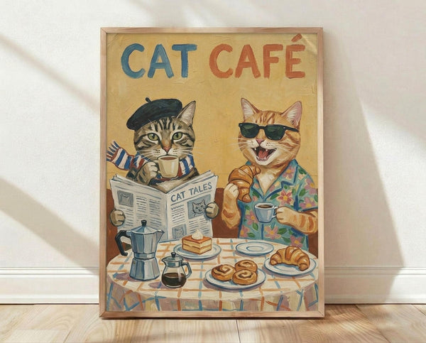 May include: Framed vintage-style poster with yellow background showing two anthropomorphic cats at cafe table. Left cat wears black beret and striped shirt, reading "Cat Tales" newspaper while holding coffee cup. Right orange tabby cat wears sunglasses and tropical floral shirt, holding coffee and croissant. Table displays moka pot, pastries, and checkered tablecloth. Natural wood frame, displayed against white wall on light wooden floor with soft natural lighting.