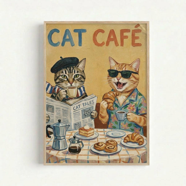 Framed vintage-style poster featuring two anthropomorphic cats at a cafe table with yellow background. Left cat wears black beret and striped shirt, reading newspaper titled "Cat Tales" while holding coffee cup. Right orange tabby cat wears sunglasses and floral Hawaiian shirt, laughing with mouth open and holding coffee cup. Table has checkered tablecloth with coffee pot, pastries, croissants and breakfast items. Artwork has retro illustration style in wooden frame.