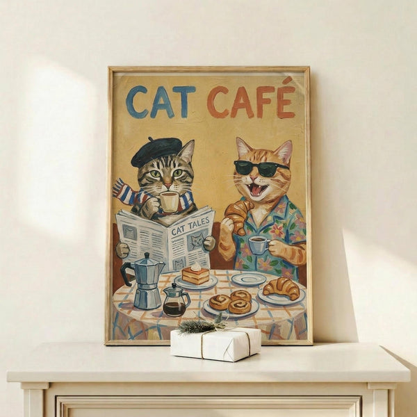 May include: Framed vintage-style poster with yellow background showing two anthropomorphic cats at cafe table - tabby cat in beret reading "Cat Tales" newspaper with coffee cup, orange cat in sunglasses and floral shirt laughing. Table has checkered cloth, pastries, coffee pot. Small wrapped gift sits on light wood shelf below frame against white wall.