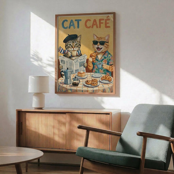 May include: Vintage-style poster print with two anthropomorphic cats at a cafe table, one wearing a beret reading "Cat Tales" newspaper, the other in sunglasses and Hawaiian shirt holding coffee. Golden yellow background with "CAT CAFÉ" text in blue and red lettering. Framed in wood, displayed above mid-century modern walnut credenza with white ceramic lamp. Mint green upholstered armchair with wooden frame visible in foreground. Natural sunlight creates diagonal shadows on white wall.