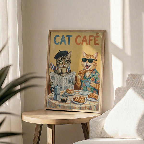 May include: Framed poster print displayed on wooden side table next to beige upholstered chair. Artwork shows two cats at breakfast table - tabby cat in black beret holding newspaper titled "Cat Tales" and orange cat in sunglasses and tropical shirt. Table set with coffee pot, pastries, and cups on checkered tablecloth. Title reads "Cat Cafe" in blue and red letters on cream background. Natural lighting creates soft shadows on white wall.