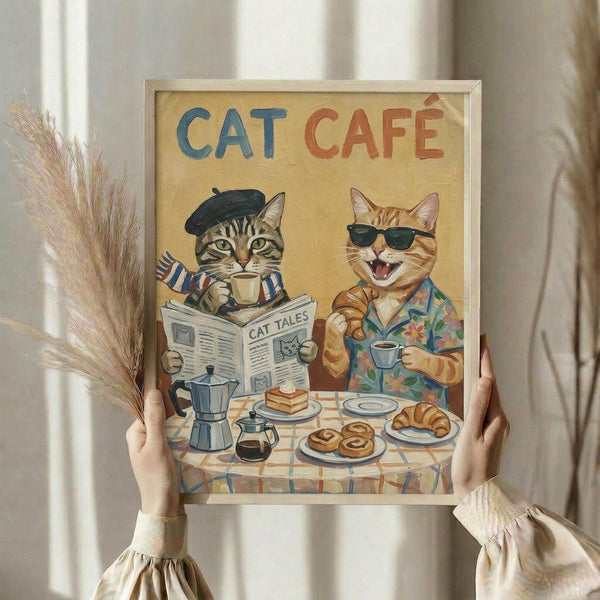 May include: Person holding a framed vintage-style poster featuring two cats at a breakfast table. One tabby cat wears a black beret and striped shirt while reading a newspaper titled "Cat Tales," the other orange cat sports sunglasses and a floral Hawaiian shirt. The scene shows coffee cups, pastries, and a checkered tablecloth on yellow background with "CAT CAFÉ" text at top. Dried pampas grass visible in soft, neutral-toned room setting.