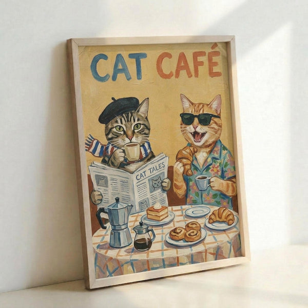 May include: Framed vintage-style poster showing two anthropomorphic cats at a checkered tablecloth cafe table. Left cat wears a black beret and striped shirt, reading a "Cat Tales" newspaper while holding a coffee cup. Right cat wears sunglasses and tropical shirt, also with coffee. Table features pastries, croissants, and coffee equipment. Artwork has warm yellow background with "CAT CAFE" text in blue and orange letters. Light wood frame leans against white wall.